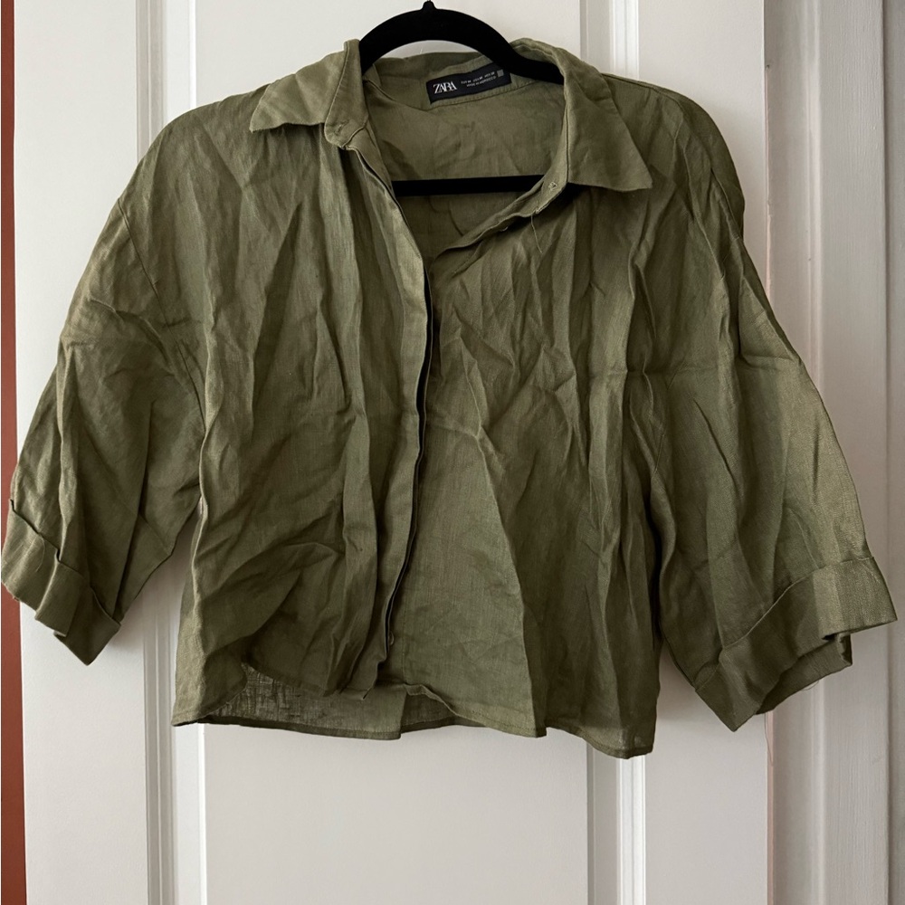 Zara Linen Olive Cropped Button-Front Shirt